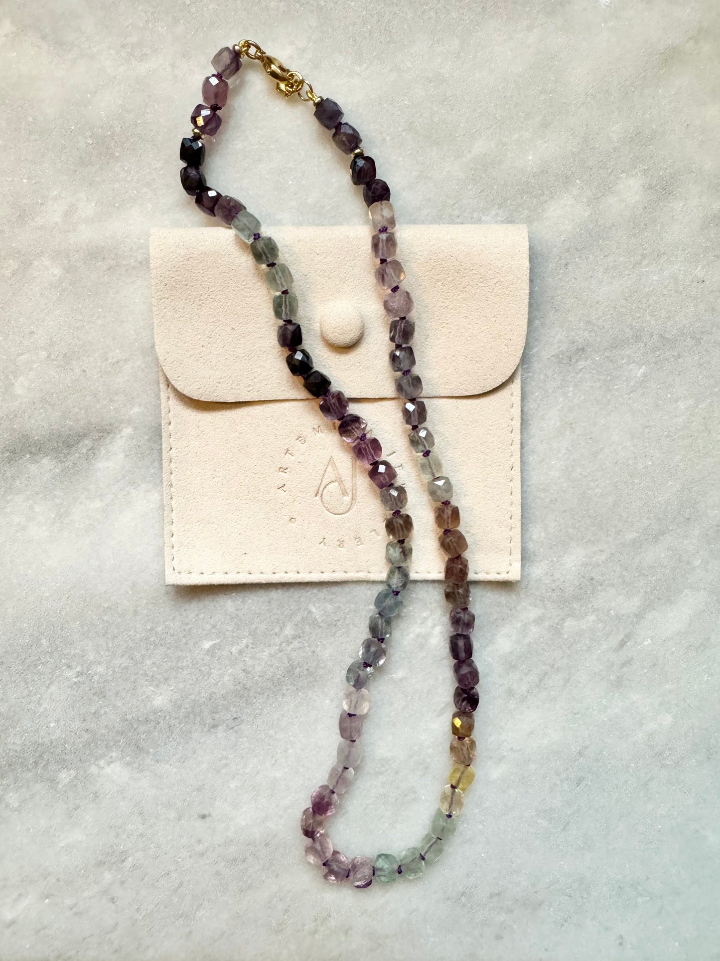 Rainbow Fluorite Hand Knotted Necklace/ Gold Vermeil