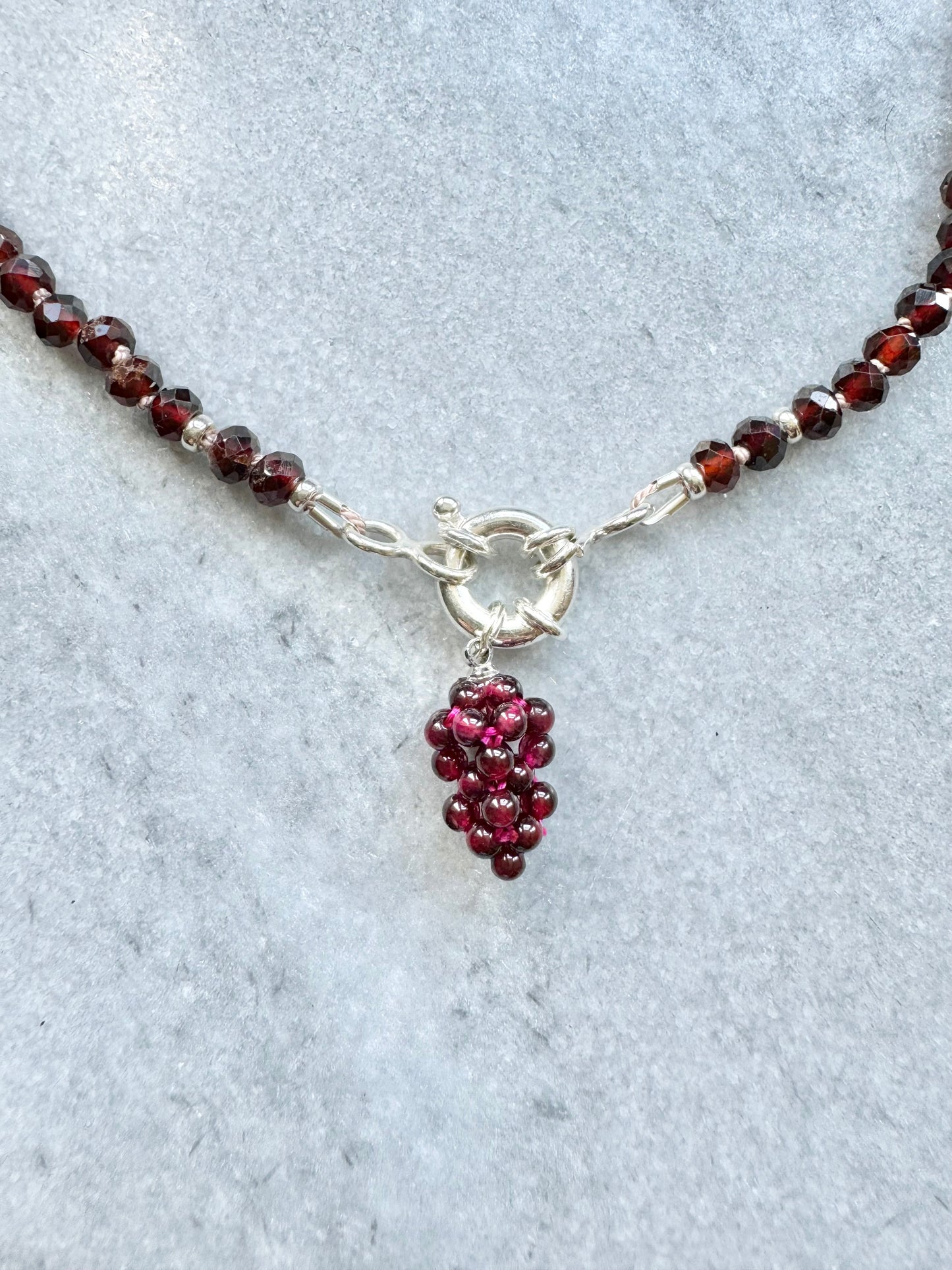 Garnet Hand Knotted Necklace / Grape Pendant