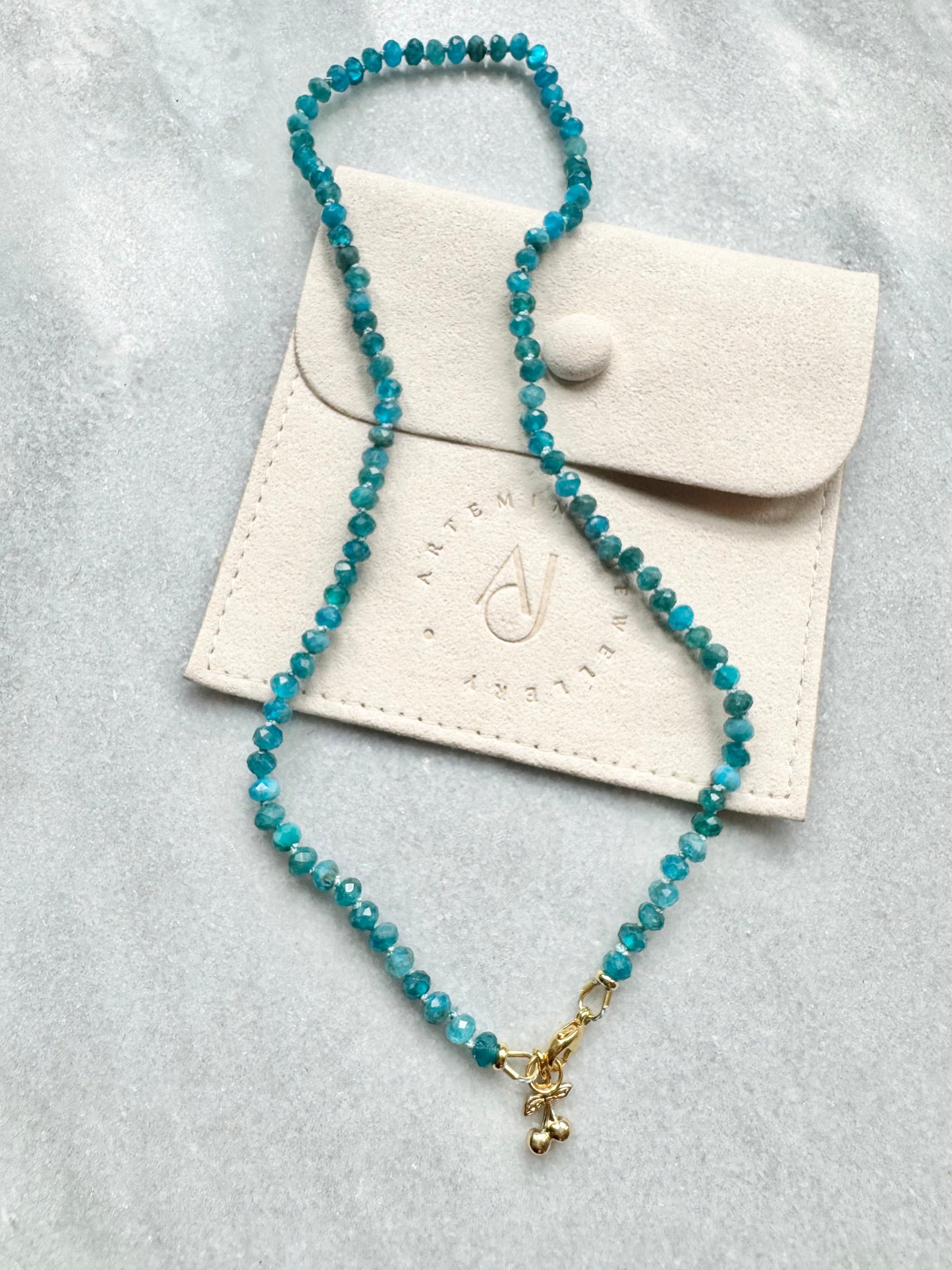 Apatite Hand Knotted Necklace / Gold Vermeil Cherry Charm