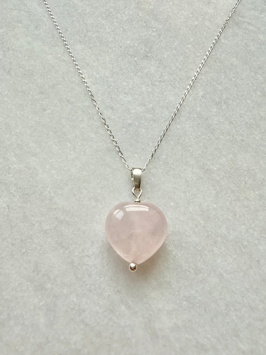 Rose Quartz Heart Pendant Necklace / Sterling Silver