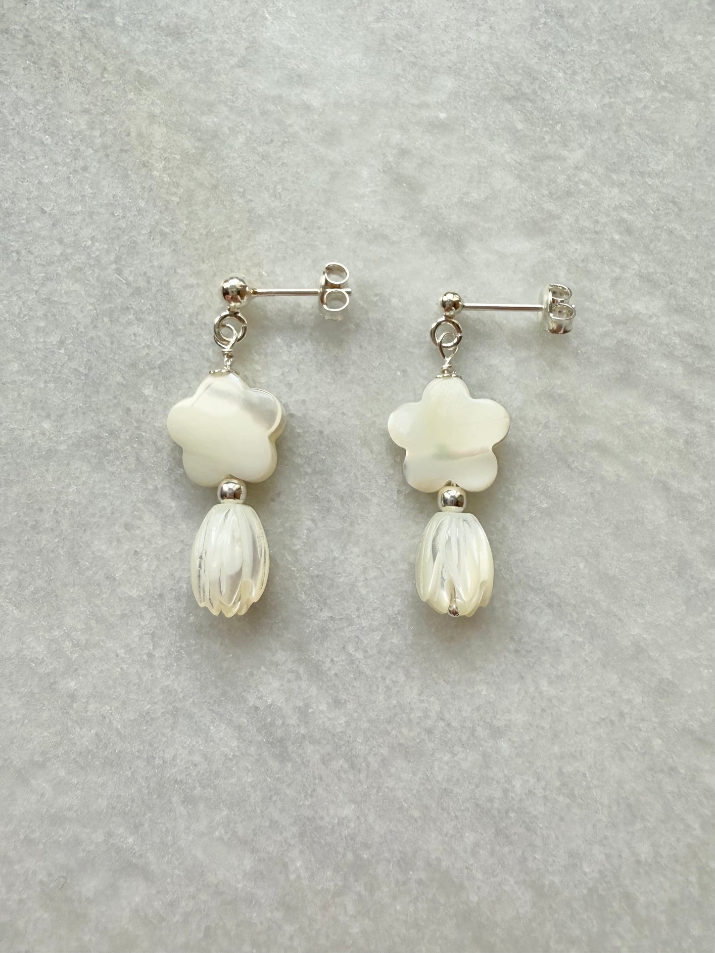 Mother of Pearl Silver Drop Stud Earrings