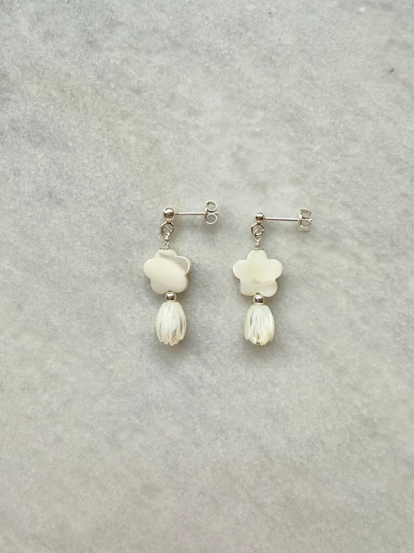 Mother of Pearl Silver Drop Stud Earrings