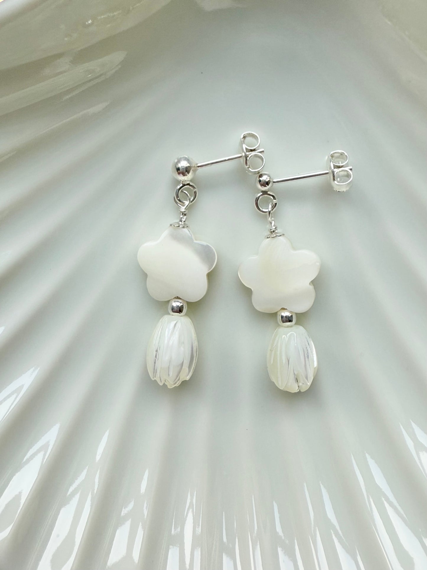 Mother of Pearl Silver Drop Stud Earrings