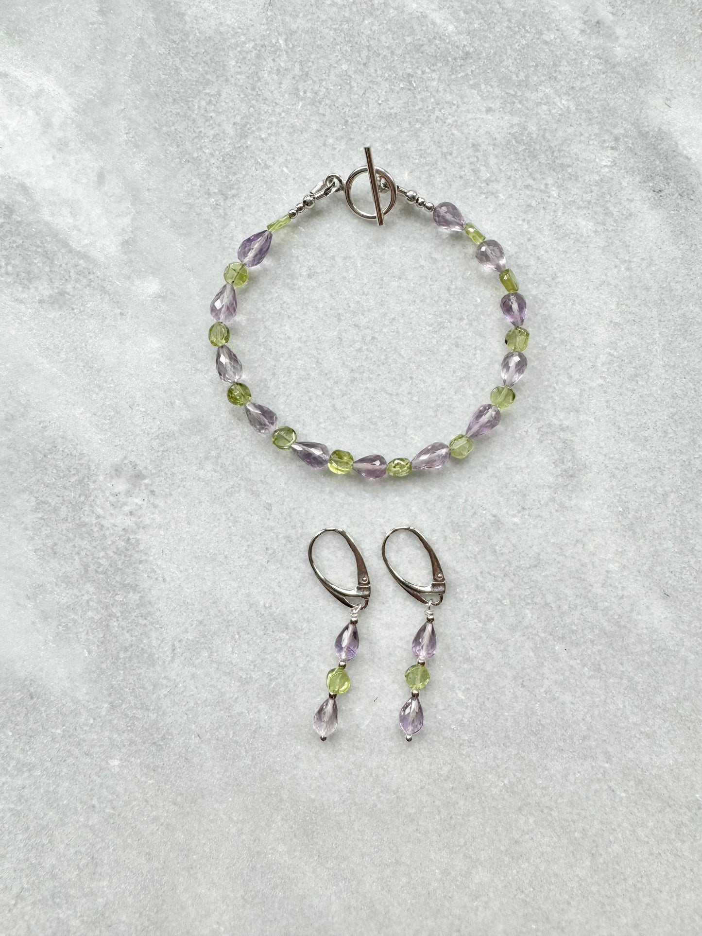 Morning Dew Pink Amethyst & Peridot Silver Bracelet