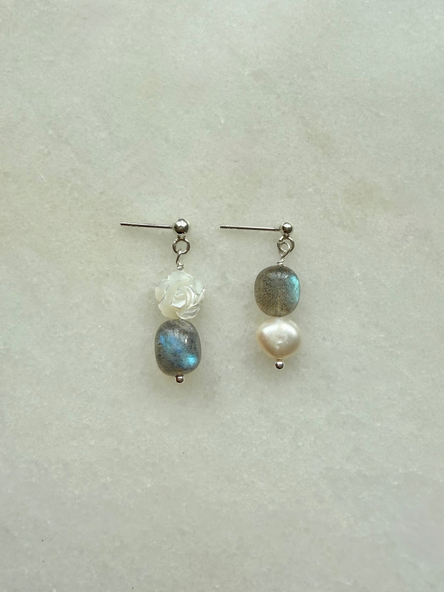 Mismatched Labradorite & Pearl Rose Earrings