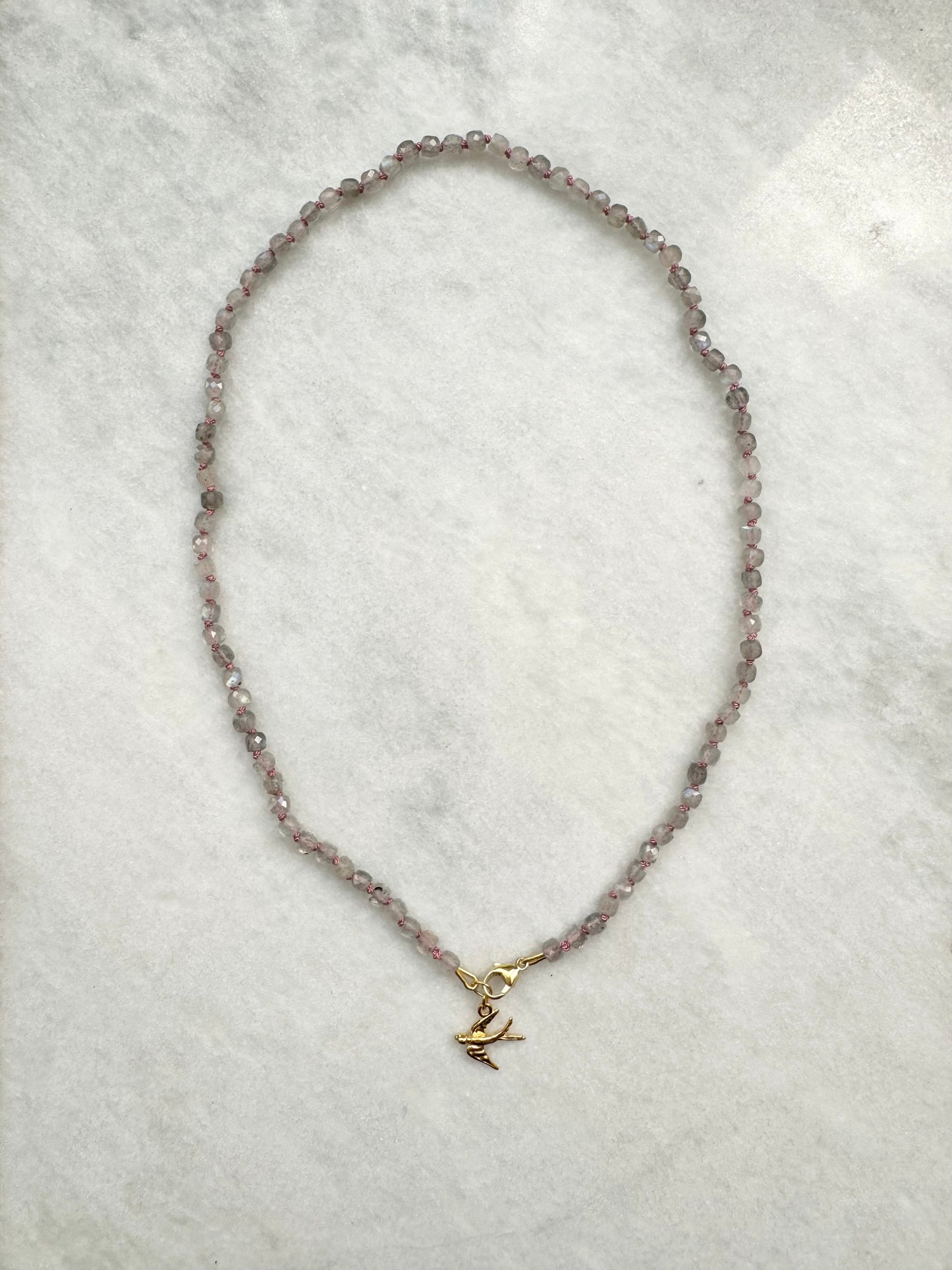 Labradorite Hand Knotted Necklace / Gold Vermeil Swallow Pendant