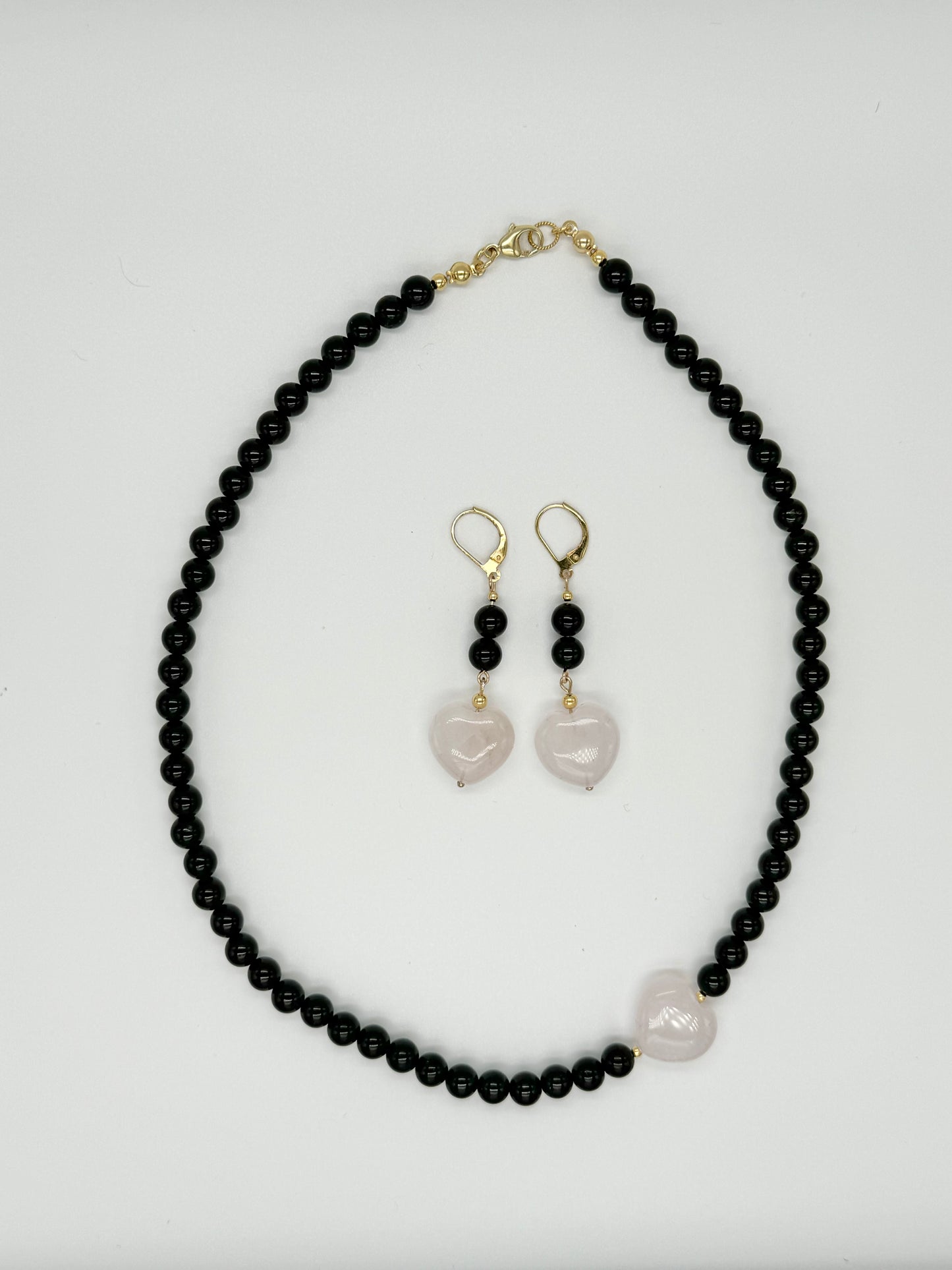 Gold Vermeil Black Tourmaline & Rose Quartz Heart Earrings