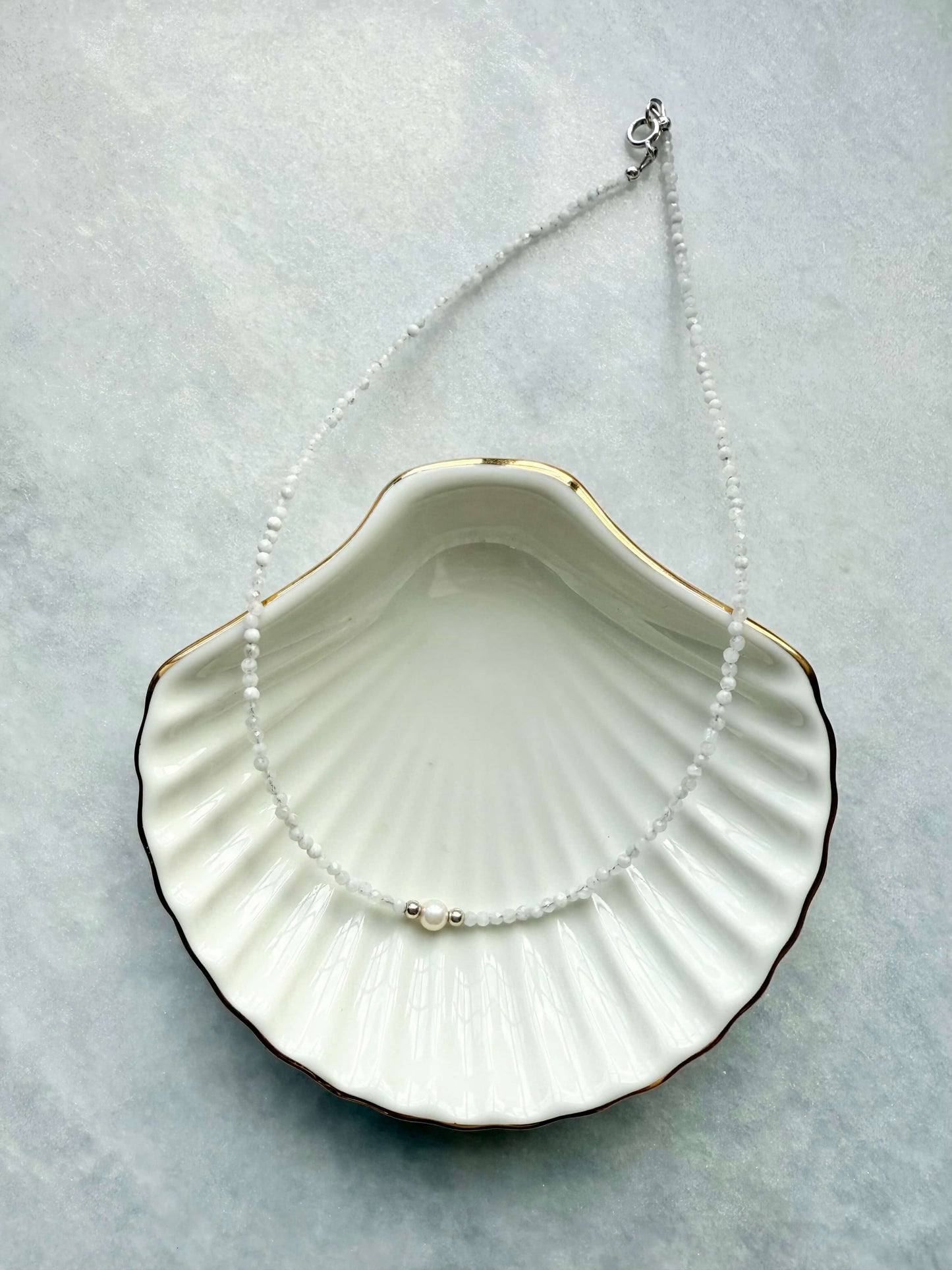 Dainty Moonstone & Pearl Silver Necklace