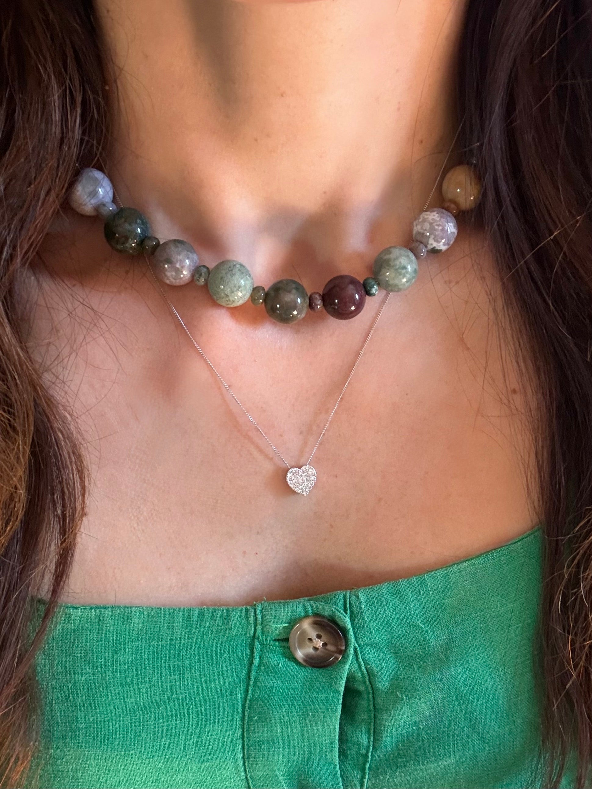 A close-up of a person wearing a choker necklace with multicoloured agate beads.