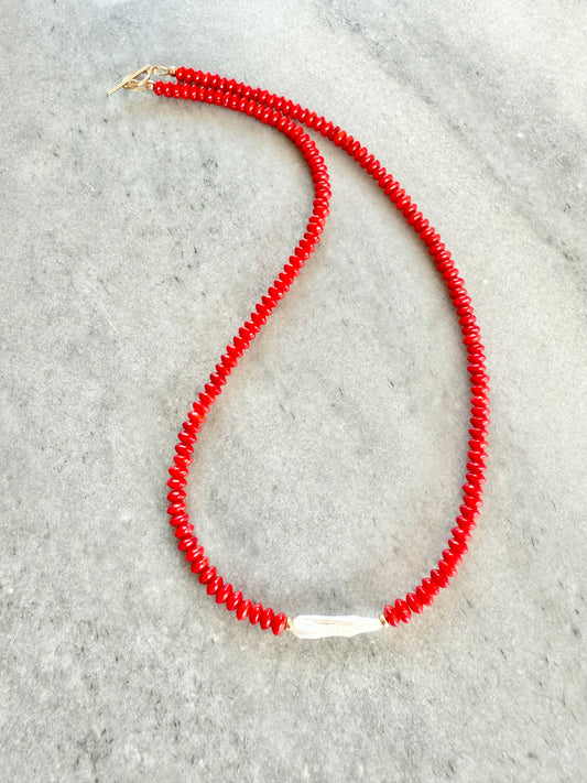 Red coral beaded necklace with biwa pearl and gold filled clasp