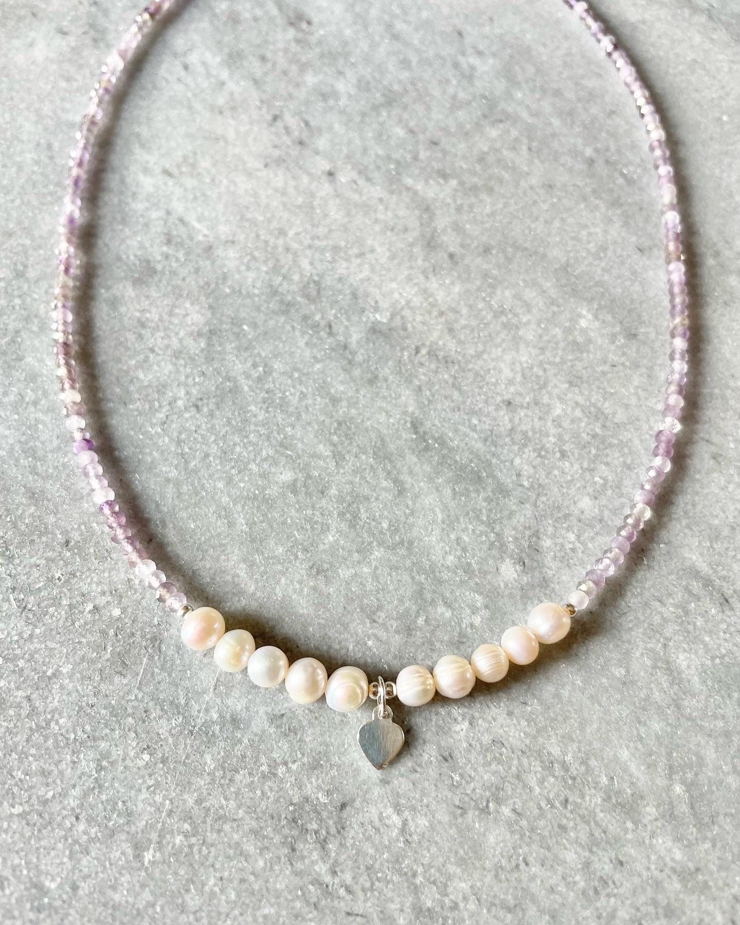 Freshwater Pearl & Amethyst Heart Silver Necklace