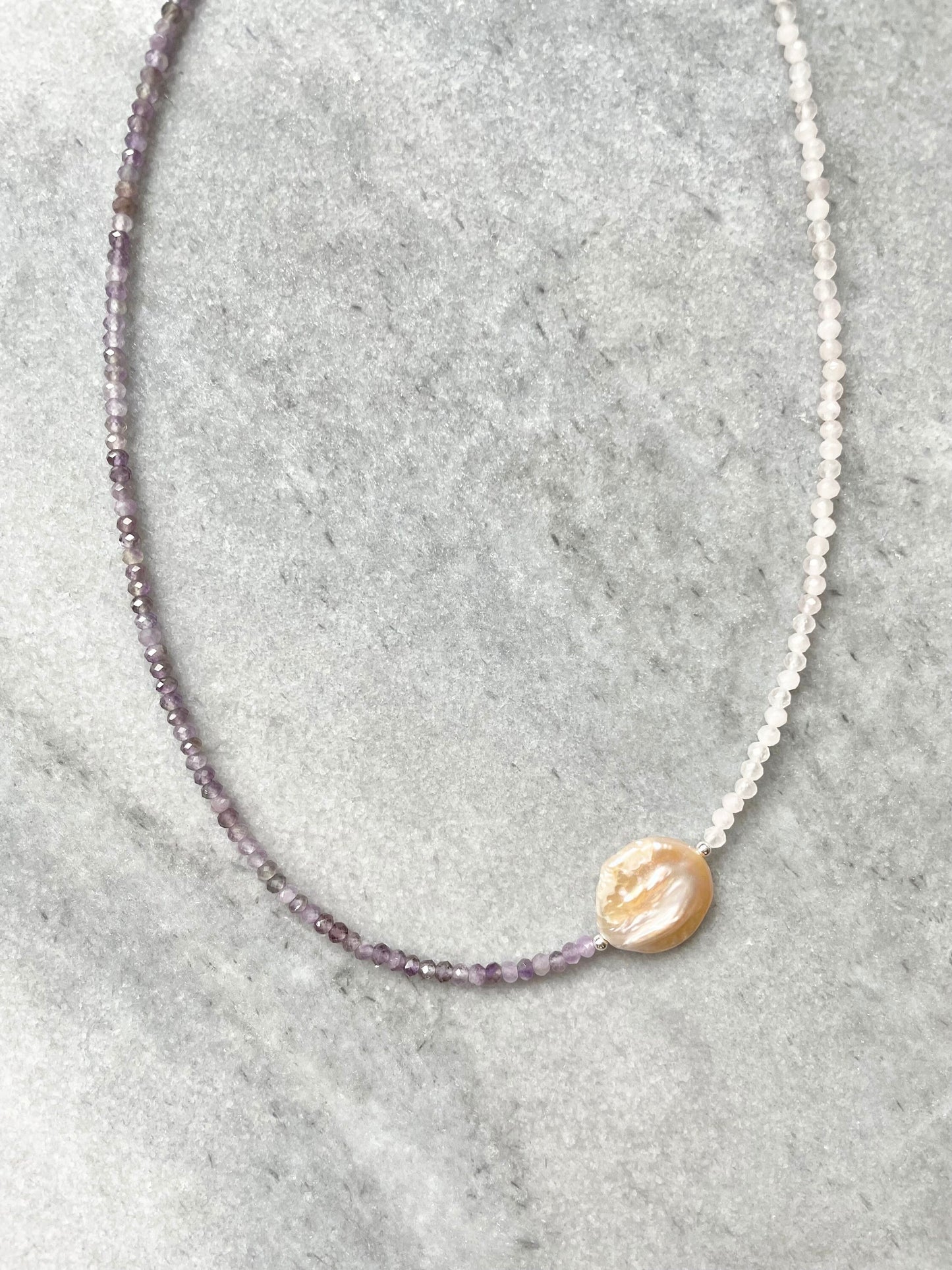 Dainty Pearl, Amethyst & Rose Quartz Silver Necklace