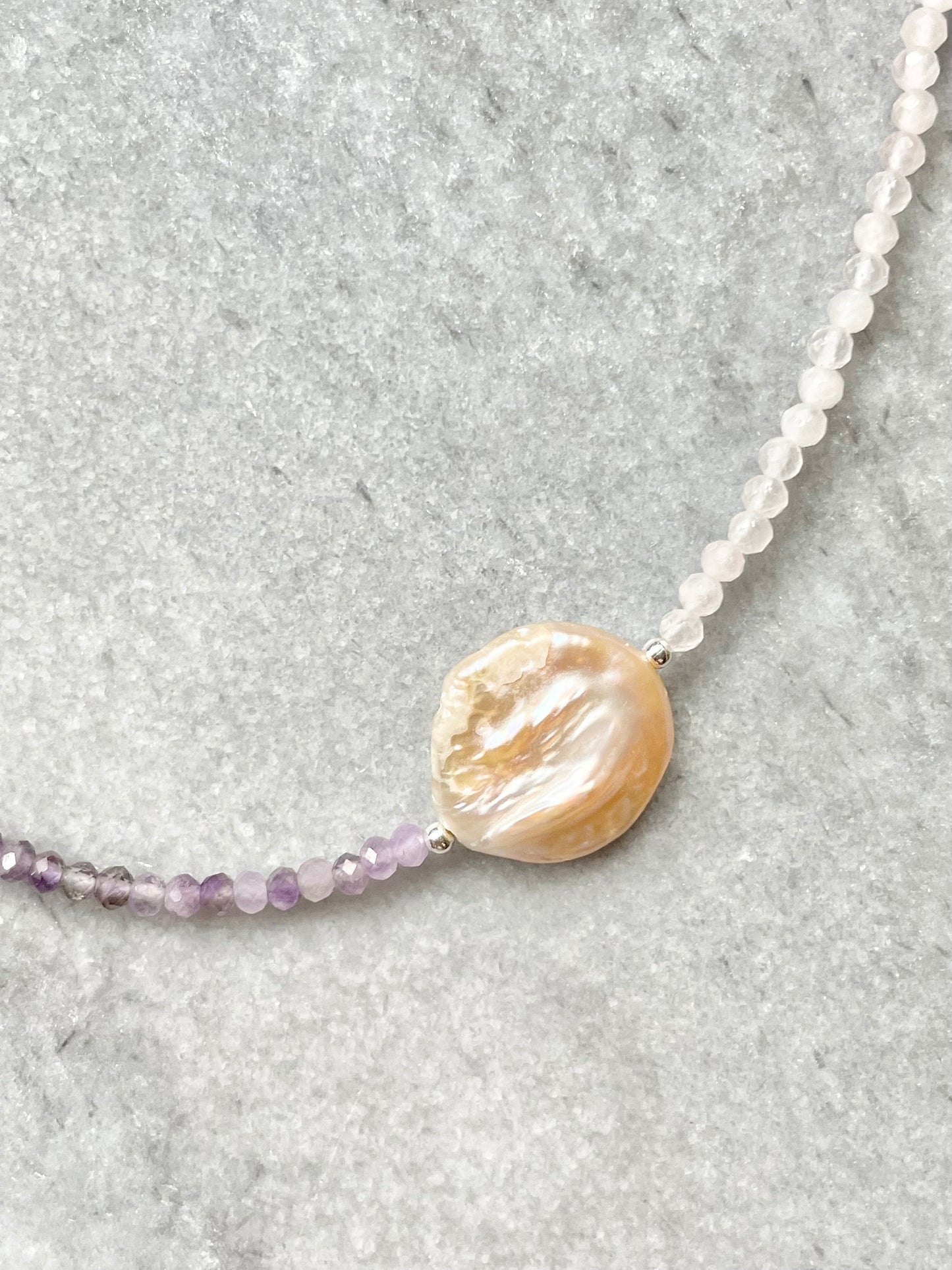 Dainty Pearl, Amethyst & Rose Quartz Silver Necklace