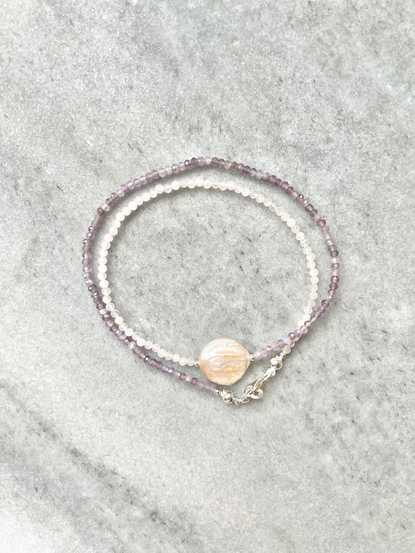 Dainty Pearl, Amethyst & Rose Quartz Silver Necklace