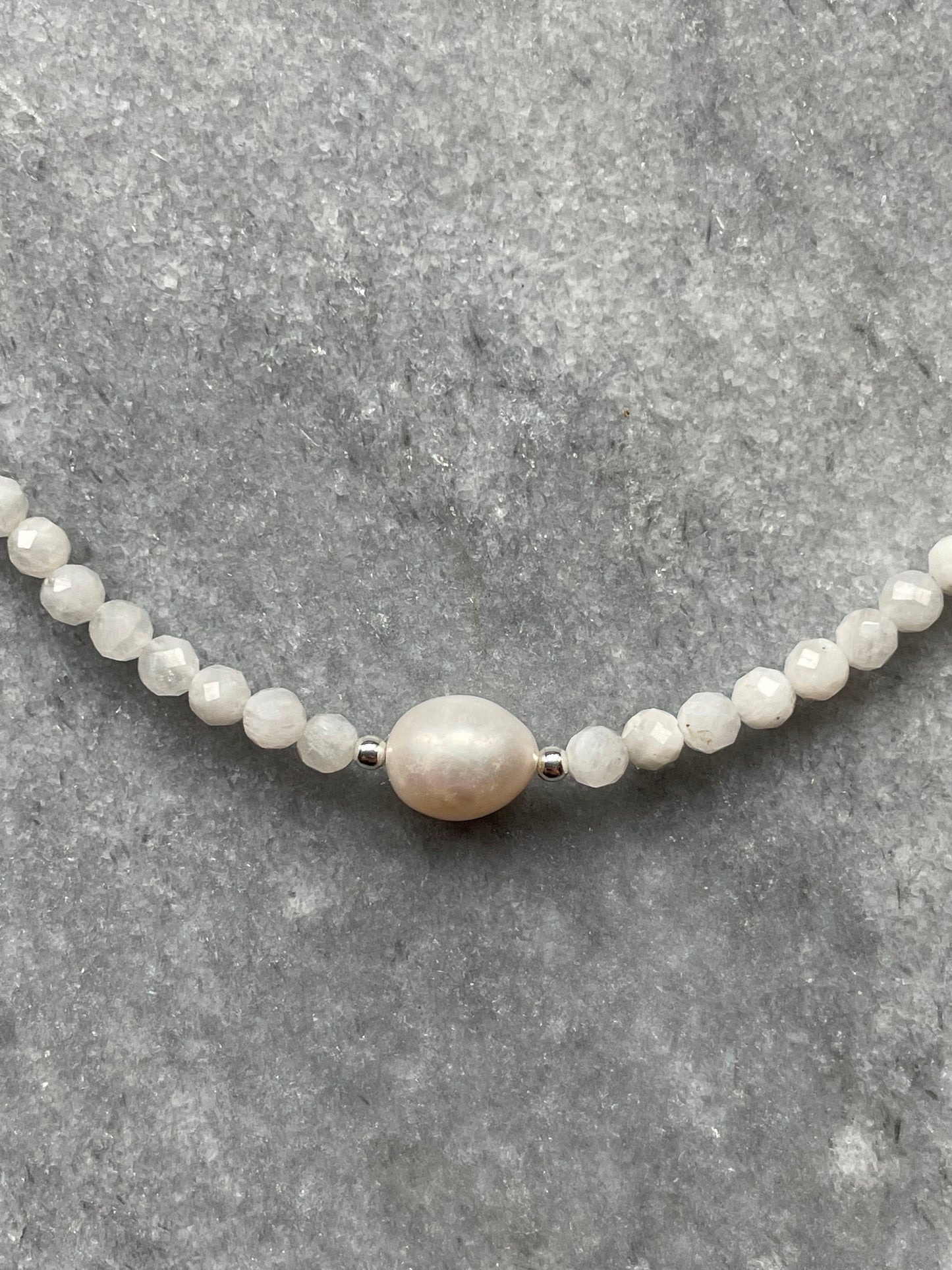 Dainty Moonstone & Freshwater Pearl Silver Necklace