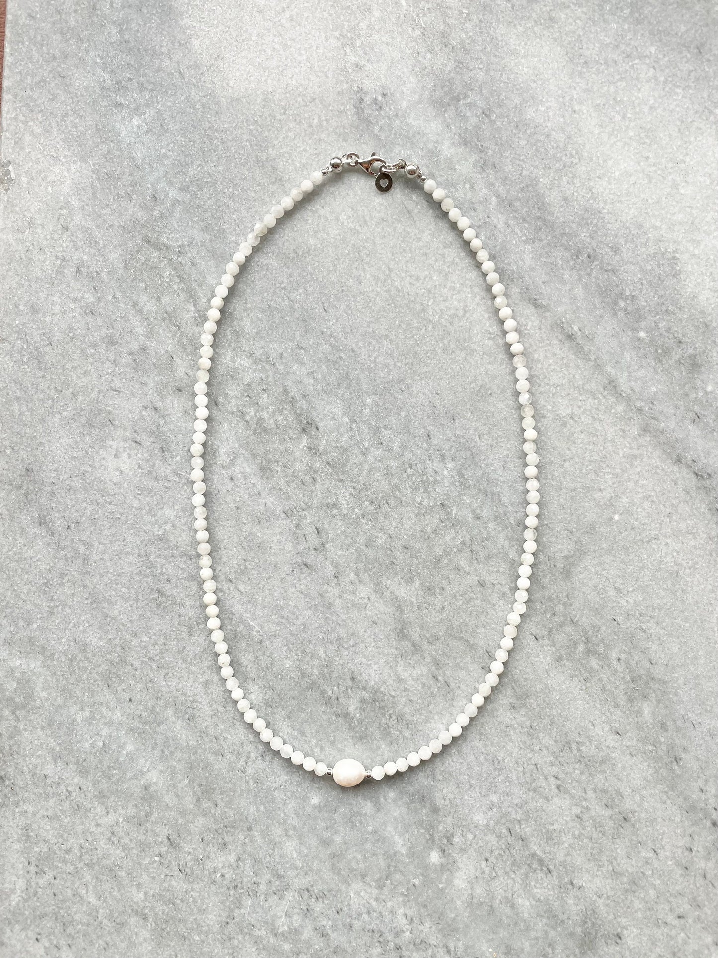 Dainty Moonstone & Freshwater Pearl Silver Necklace