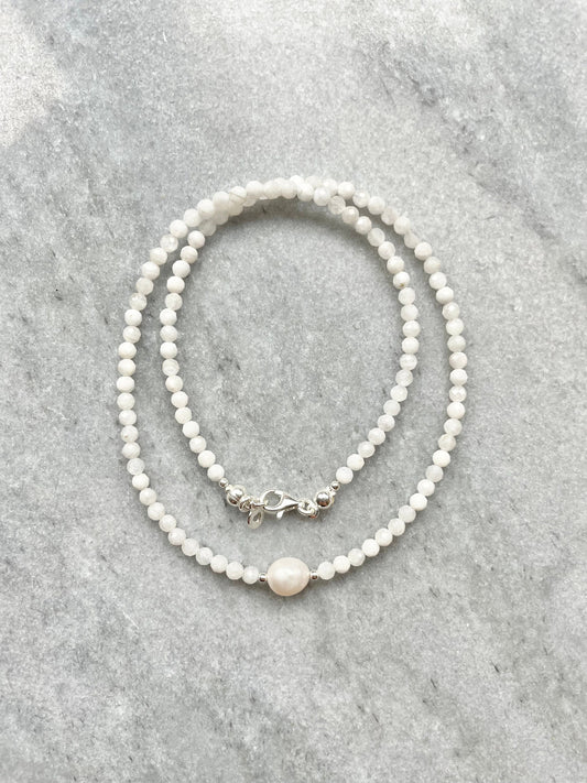 Dainty Moonstone & Freshwater Pearl Silver Necklace