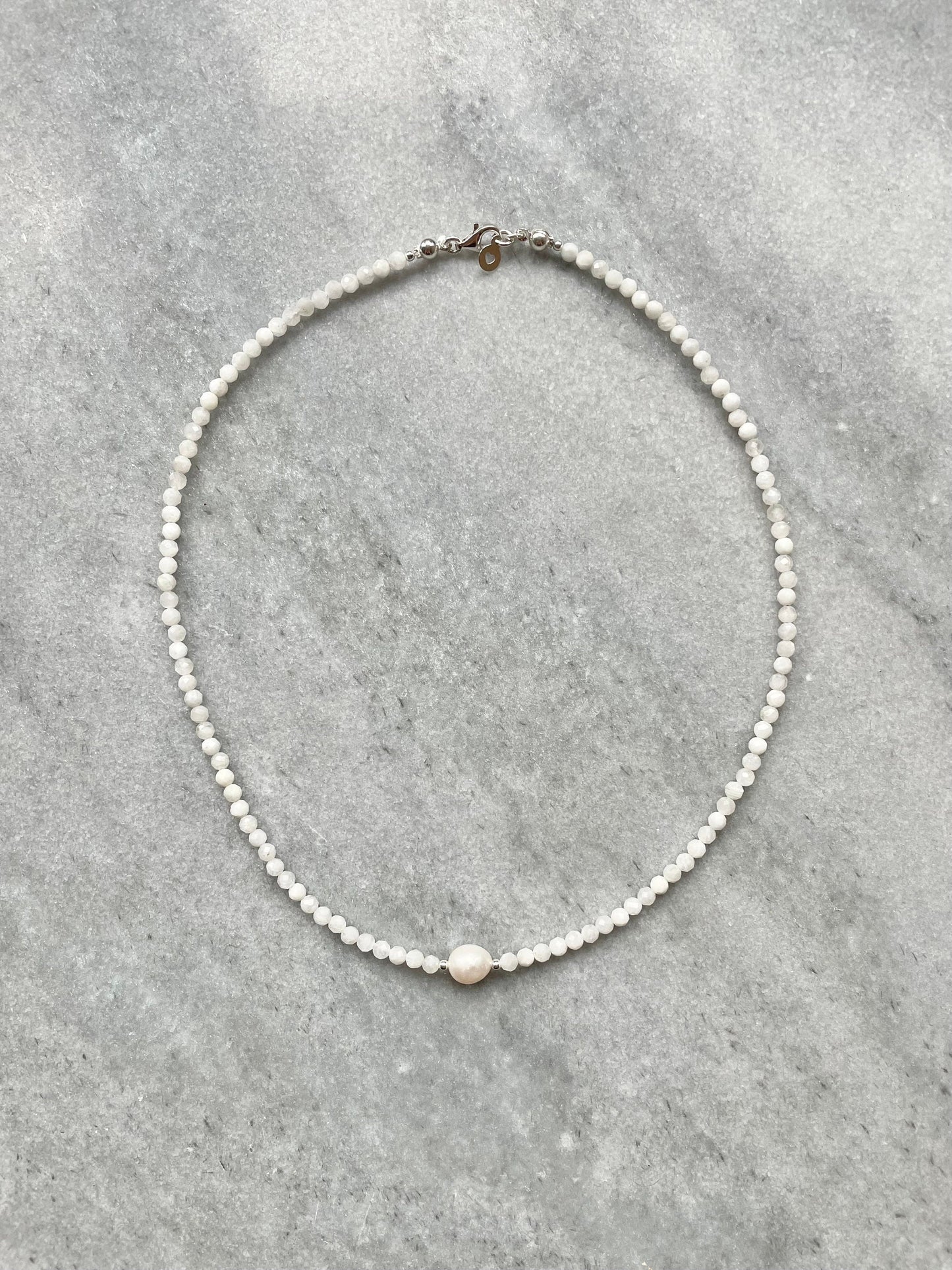 Dainty Moonstone & Freshwater Pearl Silver Necklace