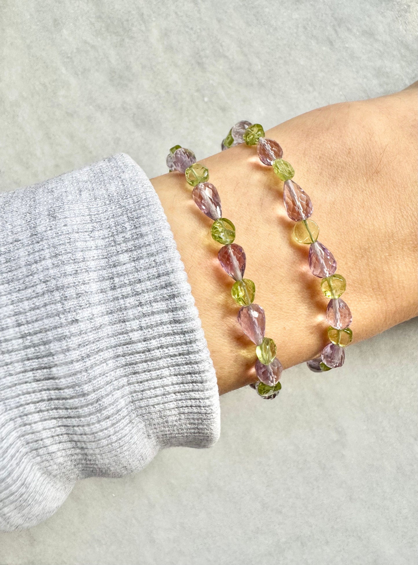 Morning Dew Pink Amethyst & Peridot Silver Bracelet