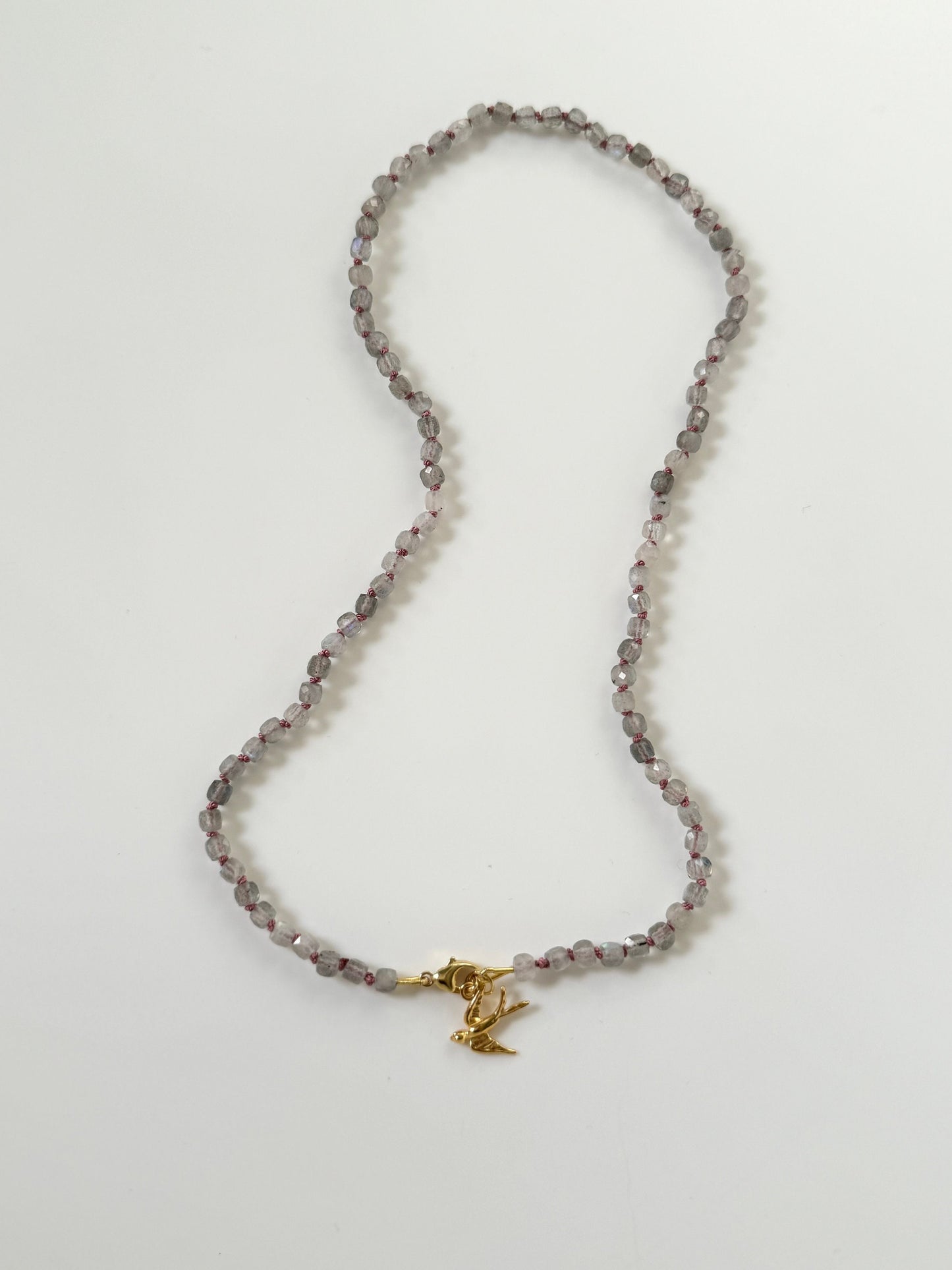 Labradorite Hand Knotted Necklace / Gold Vermeil Swallow Pendant