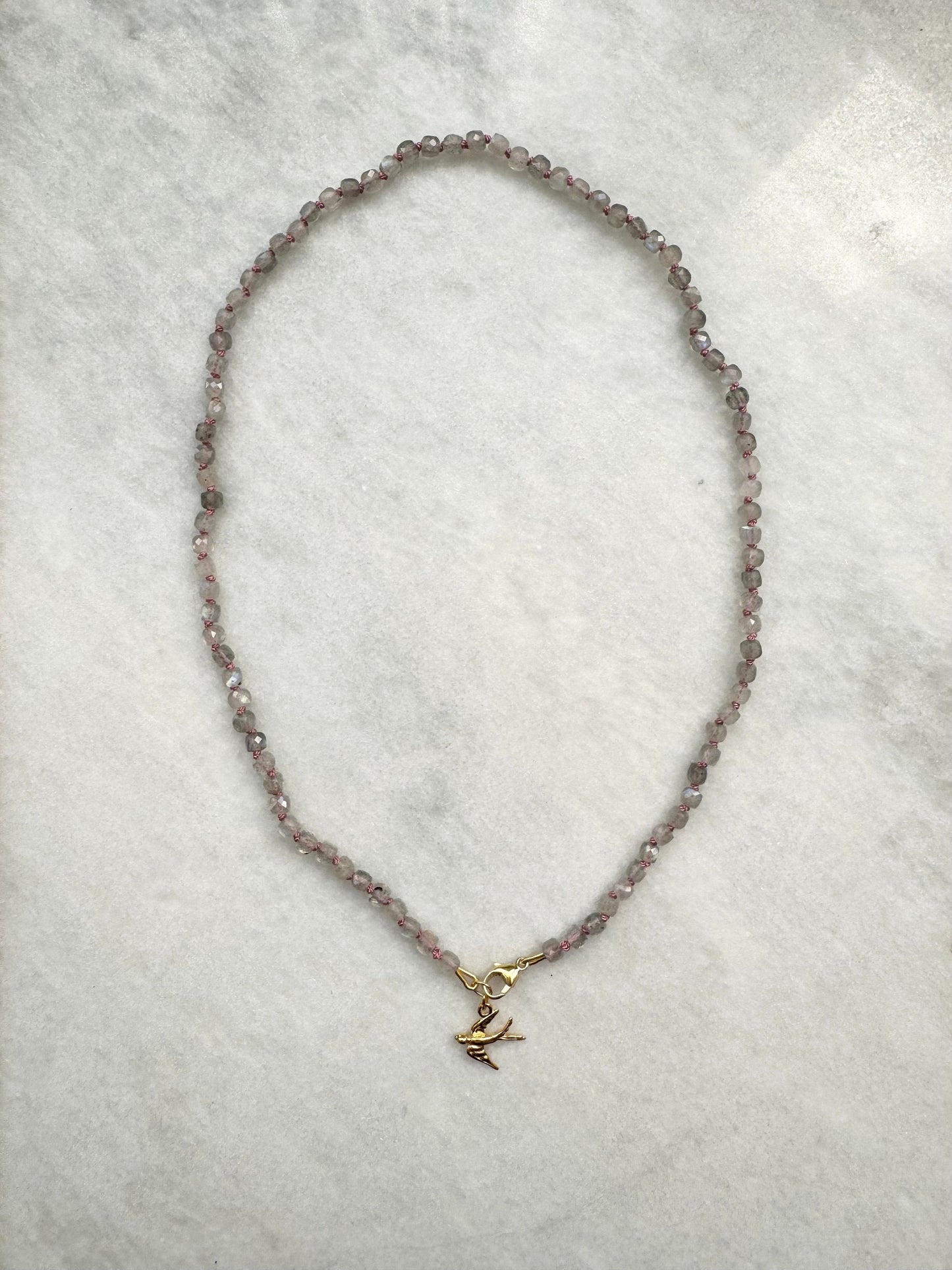 Labradorite Hand Knotted Necklace / Gold Vermeil Swallow Pendant