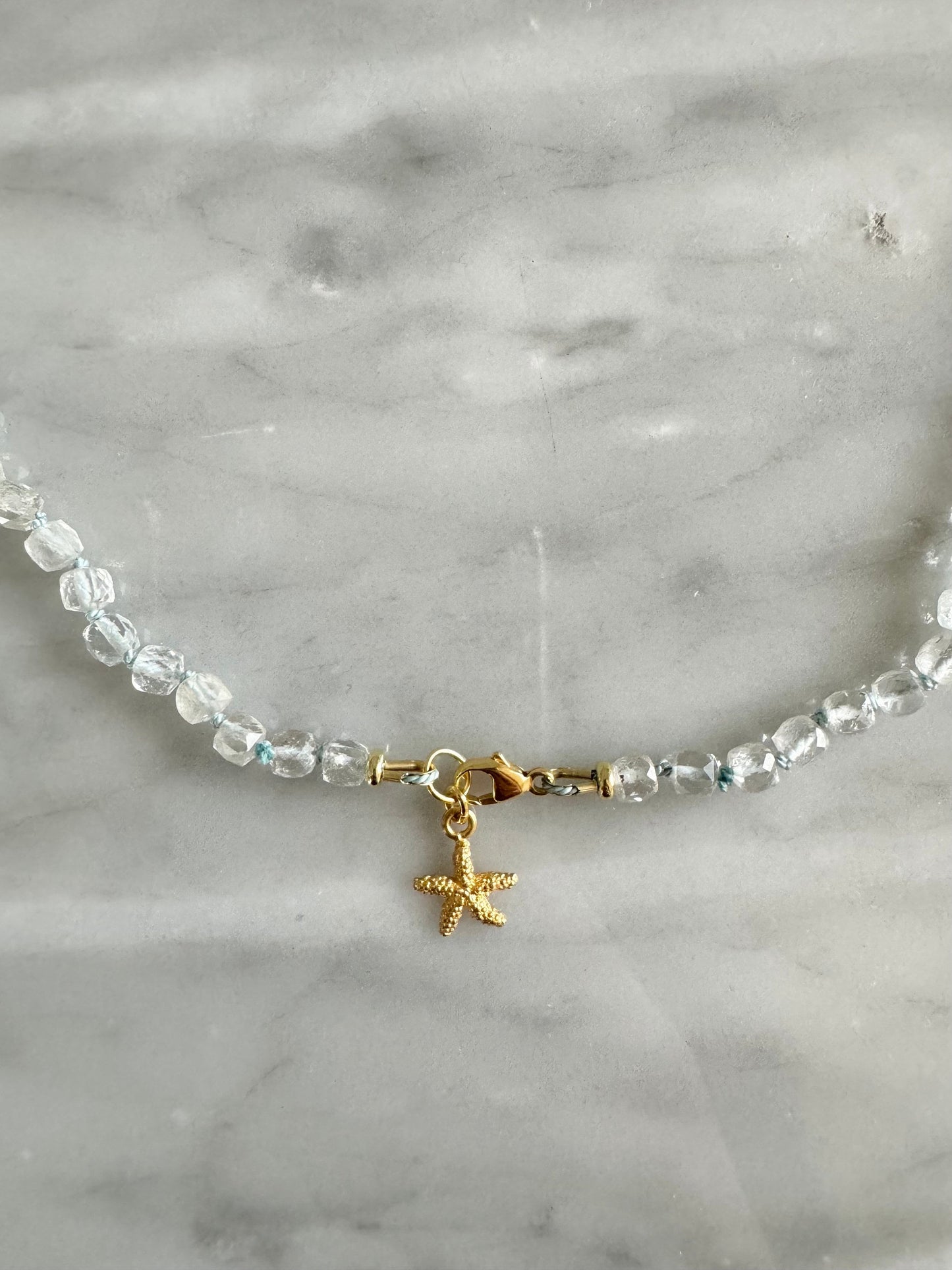 Blue Topaz Silk Knotted Necklace / Gold vermeil starfish charm