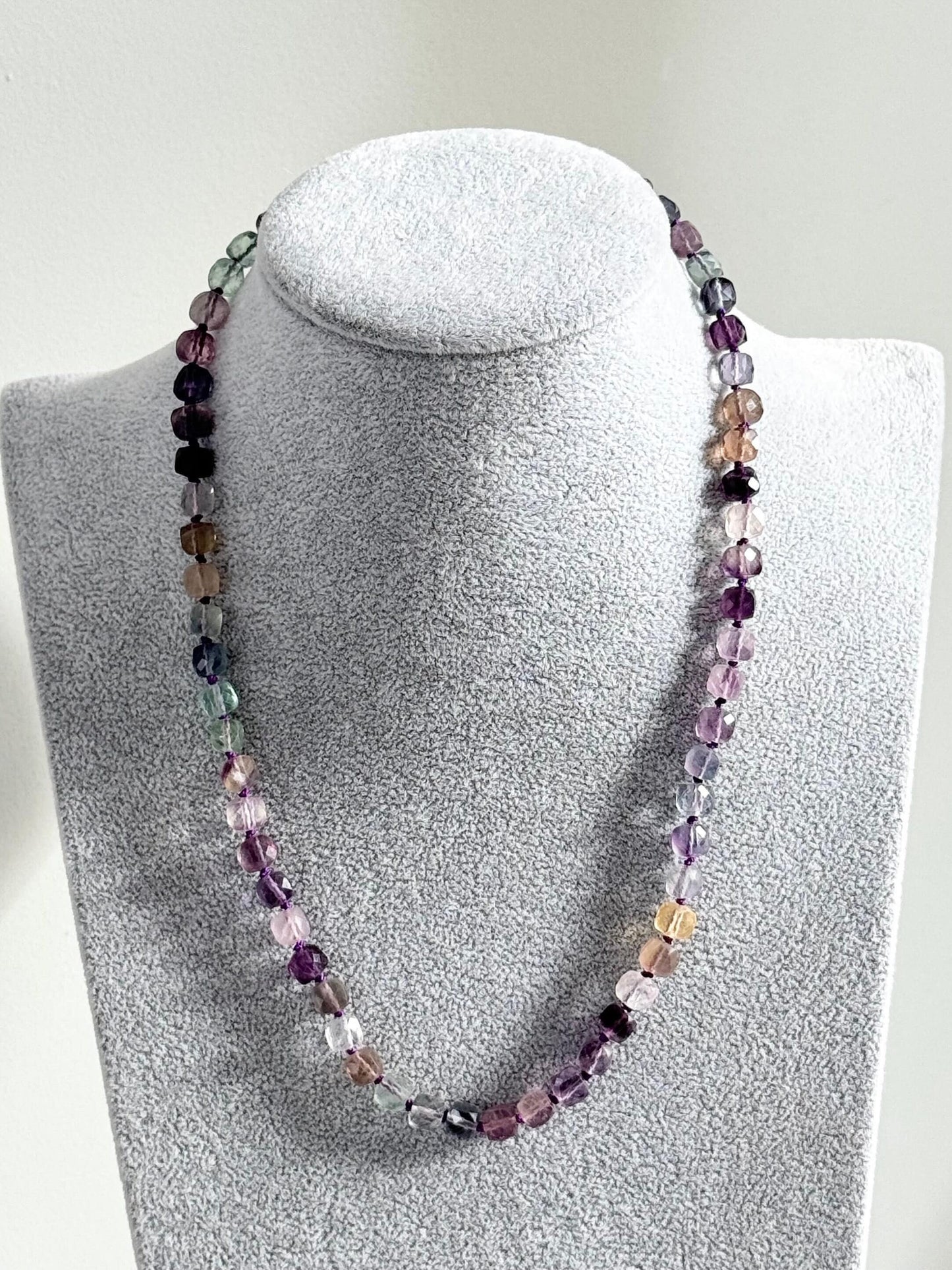 Rainbow Fluorite Hand Knotted Necklace/ Gold Vermeil