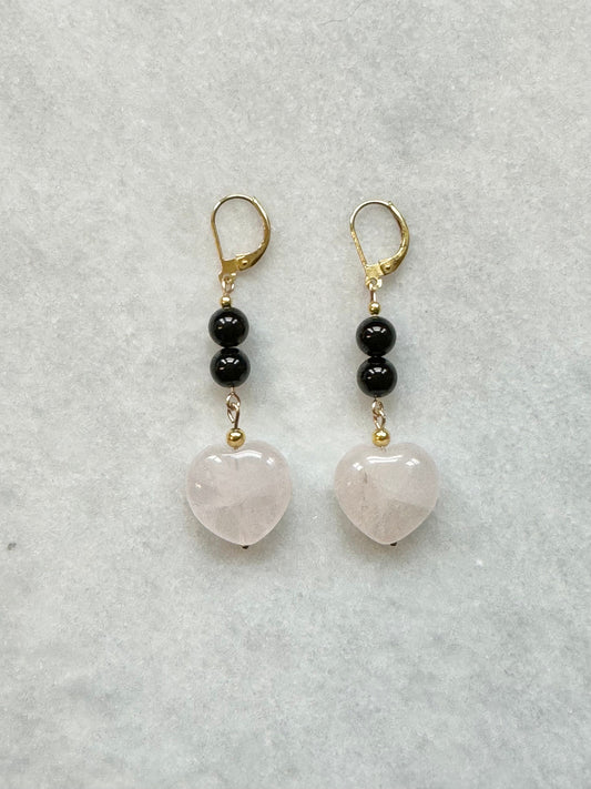 Gold Vermeil Black Tourmaline & Rose Quartz Heart Earrings