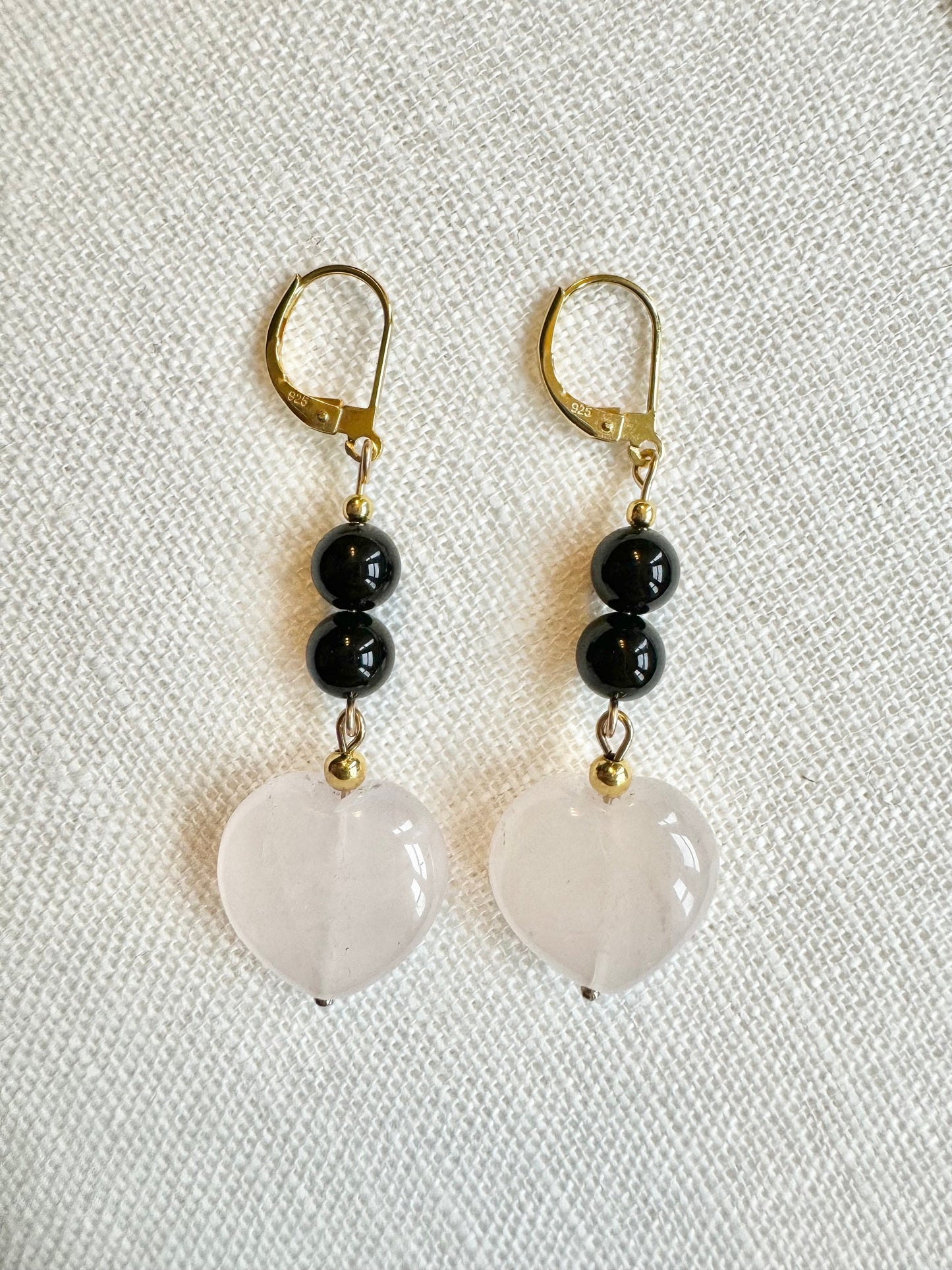 Gold Vermeil Black Tourmaline & Rose Quartz Heart Earrings