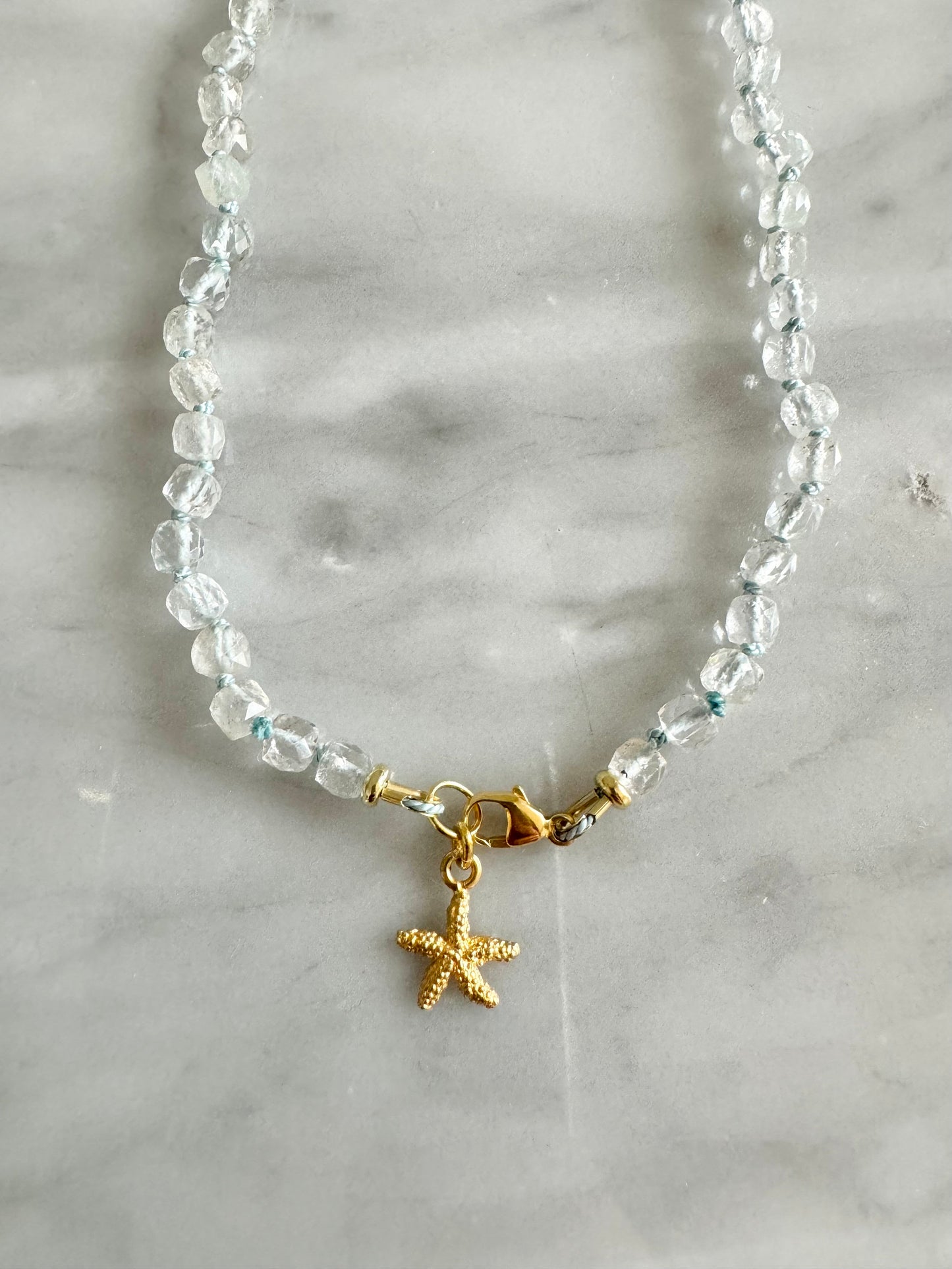 Blue Topaz Silk Knotted Necklace / Gold vermeil starfish charm