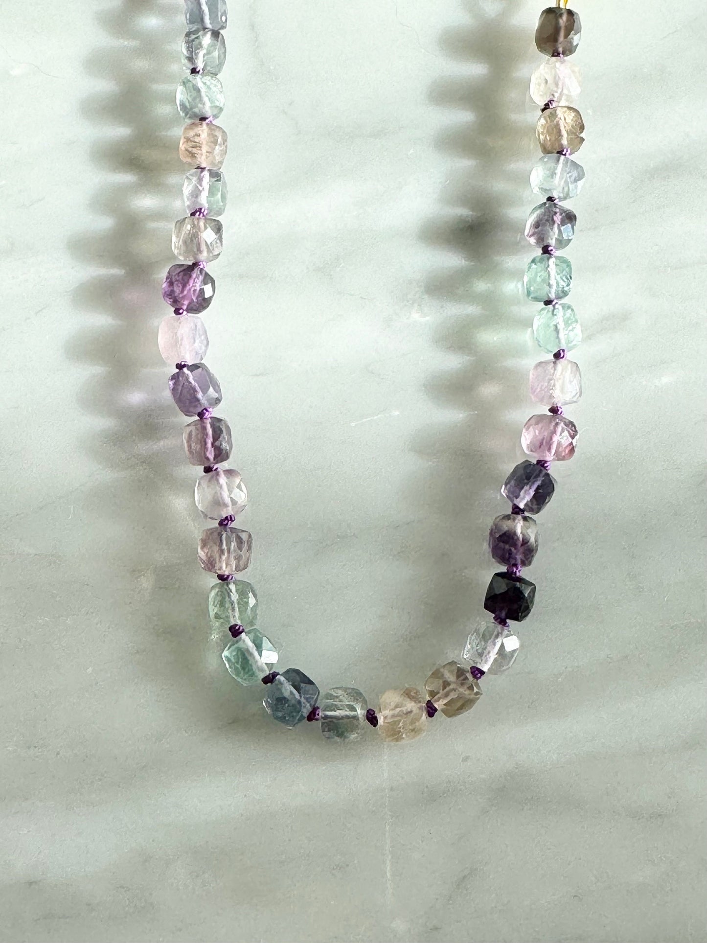 Rainbow Fluorite Hand Knotted Necklace/ Gold Vermeil